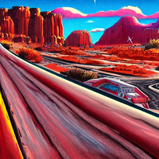 Image similar to !dream Utah desert Highway, retro, desert highway, retro colors, bold colors, drawn by Arthur Adams, 8k, digital art, artstation