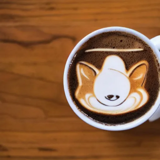 Image similar to A photo of a cup of coffee with latte art in the shape of a shiba inu