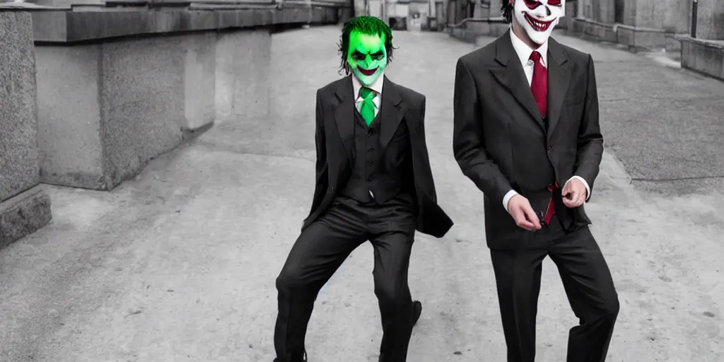 Image similar to joker wearing a suit style, photograph, grinning, creepy,