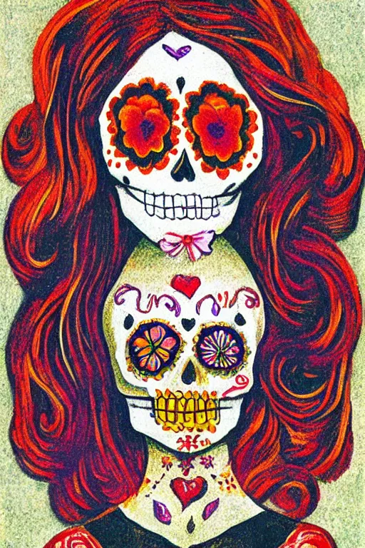 Image similar to illustration of a sugar skull day of the dead girl, art by georges seurat