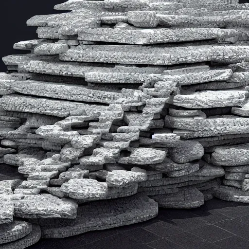 Prompt: sculpture made of piled stones, soda cans, minimal white room gallery, sunlit, photorealistic, 3 d rendering, higly detailed, minimalist, made with unreal engine, cgsociety