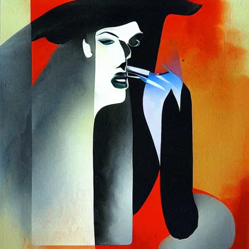 Image similar to A woman is drinking her shadow, expressionist, sharp colors, by Dave McKean