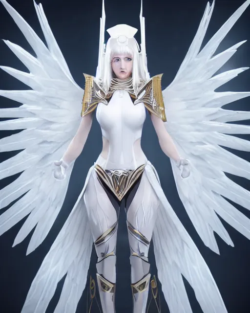 Image similar to perfect white haired attractive egyptian goddess with huge white dove wings, warframe armor, beautiful, symmetric, dreamy, half asian, pretty face, blue eyes, detailed, scifi platform, laboratory, experiment, 4 k, ultra realistic, epic lighting, android body, illuminated, cinematic, masterpiece, art by akihito tsukushi, voidstar