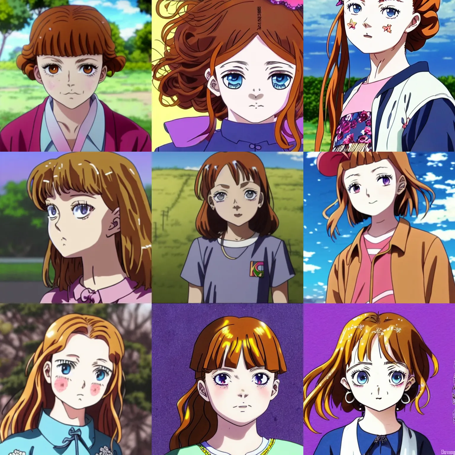 Prompt: a sadie sink portrait in the stye of the anime jojo no kimyo na boken