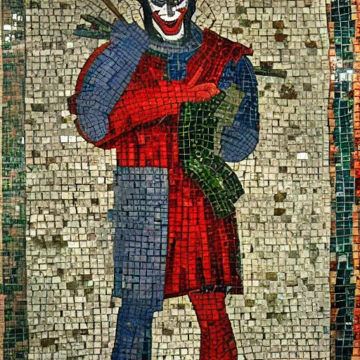 Prompt: medieval mosaic depicting the joker, medieval church art, mosaic of the joker standing in front of gotham, high quality