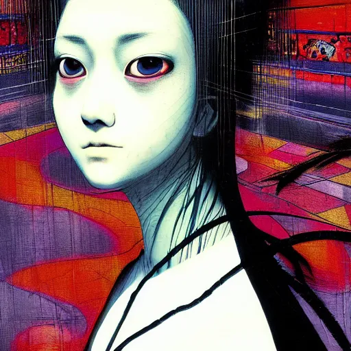 Image similar to yoshitaka amano blurred and dreamy three quarter angle portrait of a young woman with white hair and black eyes wearing dress suit with tie, playstation 2 horror game, junji ito abstract patterns in the background, satoshi kon anime, chungking express color palette, noisy film grain effect, highly detailed, renaissance oil painting, weird portrait angle, blurred lost edges