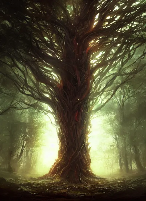 Prompt: a giant glowing tree with a beautiful maiden made of choral stepping out of it, elden ring art, digital art, award winning painted by raymond swanland