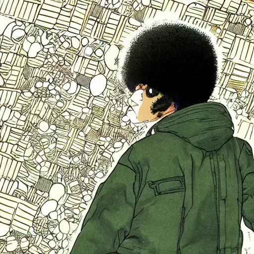 Image similar to illustration by katsuhiro otomo, black man with afro hair, raspy beard stubble, wearing an adidas army green jacket, in the streets of tokyo, akira style, by katsuhiro otomo