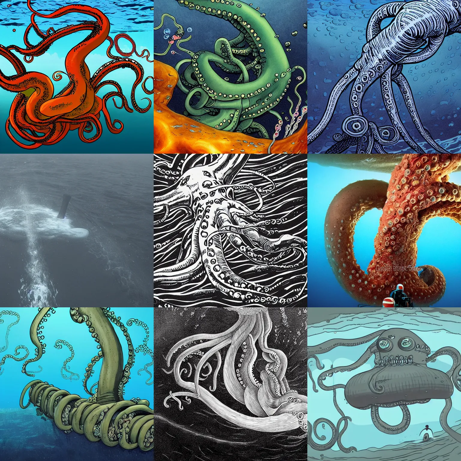 Prompt: giant tentacles dragging a submarine to the bottom of the ocean