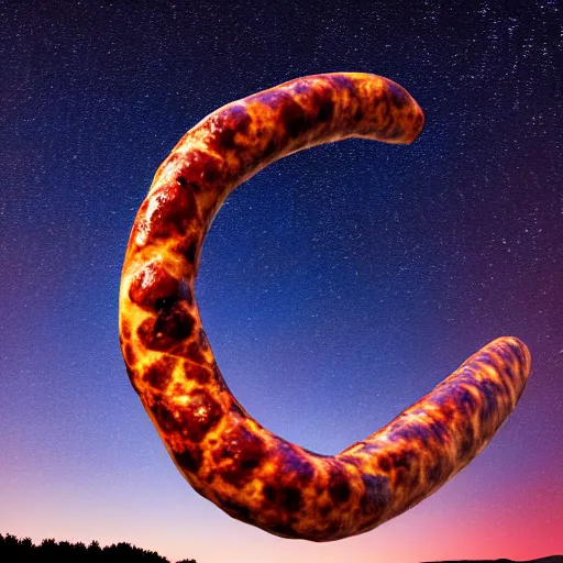 Image similar to CHORIZO sausage, night sky, 8k, photograph, photorealistic