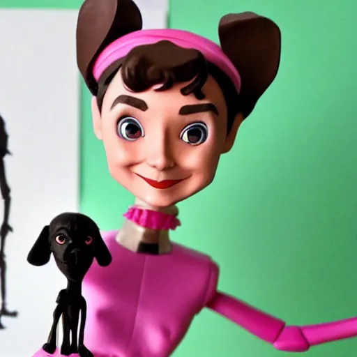 Image similar to audrey hepburn cos play, professional dog walker, stop motion vinyl action figure, plastic, toy, butcher billy style