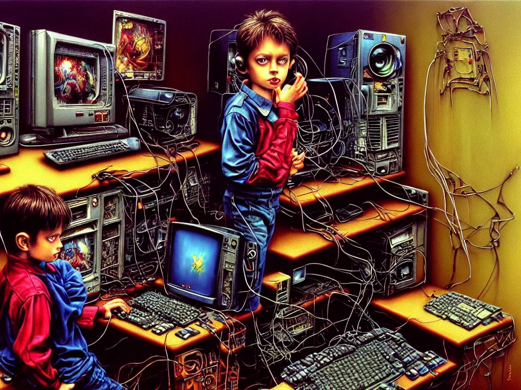 Prompt: realistic detailed image of a standing figure of a five years old boy in front of a PC computer from 90s in an old dirty soviet apartment by Ayami Kojima, Amano, Karol Bak, Greg Hildebrandt, and Mark Brooks, Neo-Gothic, gothic, rich deep colors. Beksinski painting, from a movie by David Cronenberg. part by Adrian Ghenie and Gerhard Richter. art by Takato Yamamoto. masterpiece. realistic detailed image