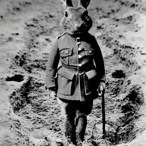 Prompt: a black and white photograph, portrait of a rabbit wearing ww1 uniform, standing in a muddy trench