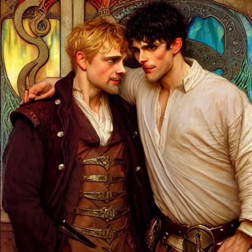 Image similar to attractive arthur pendragon and merlin go to a pub together to have some drinks. highly detailed painting by gaston bussiere, craig mullins, j. c. leyendecker, alphonse mucha 8 k