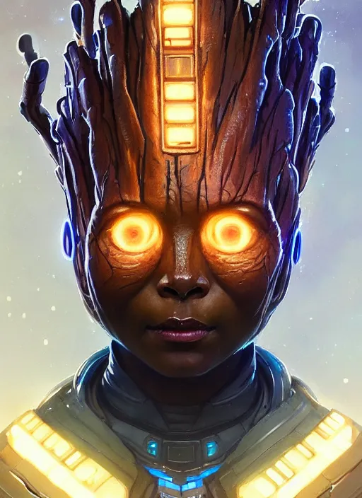 Image similar to portrait of apex legends groot, intricate, elegant, glowing lights, highly detailed, digital painting, artstation, glamor pose, concept art, smooth, sharp focus, illustration, art by artgerm and greg rutkowski, artey freytag