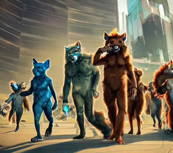 Image similar to high - resolution photograph from a biopunk era furry fandom convention ( midwest furfest 2 0 4 7 ), taking place after the genetic revolution and quantum singularity. photorealistic.