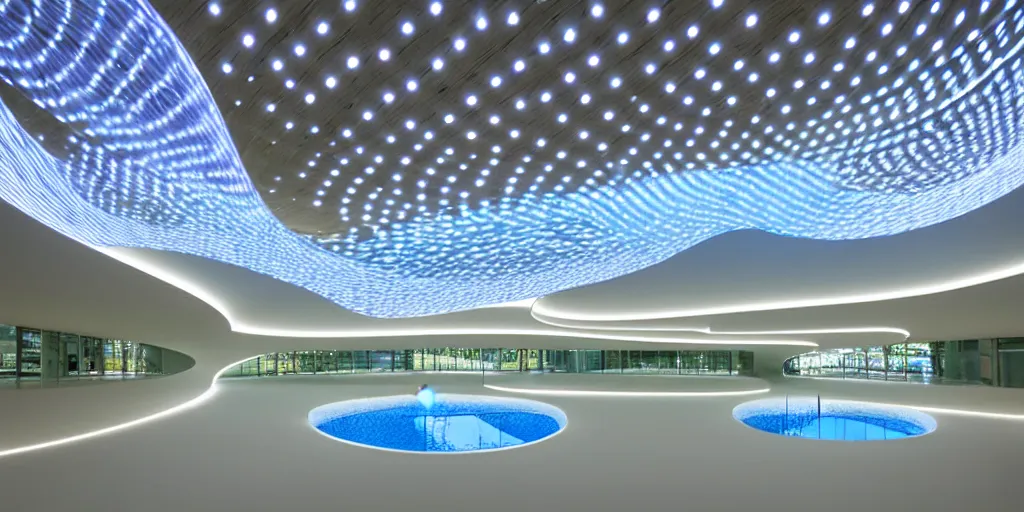 Image similar to extremely detailed stunning curvilinear museum interior with water centered sculpture piece and led strips