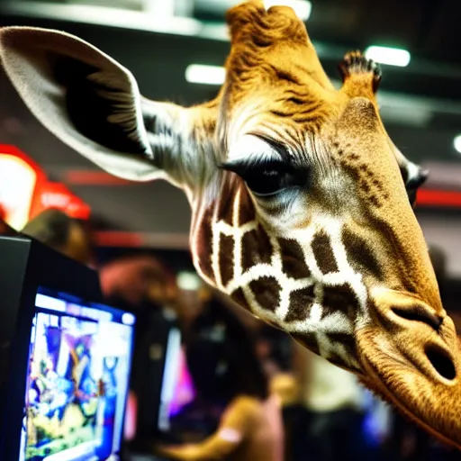 Image similar to young giraffe grazing at video game tournament