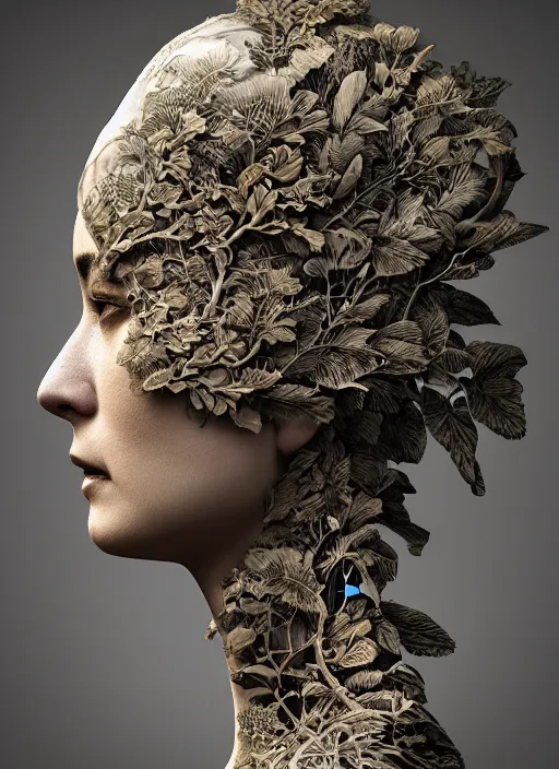 Prompt: a woman's face in profile, made of leaf skeletons, in the style of the Dutch masters and Gregory Crewdson, dark and moody intricate traditional Chinese textures, rococo decorations, hyper detail, Unreal engine,Octane render, by Karol Bak