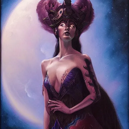 Image similar to portrait of princess of the dreamlands and moon beast, beautiful! coherent! by brom, deep colors, strong lines, high contrast