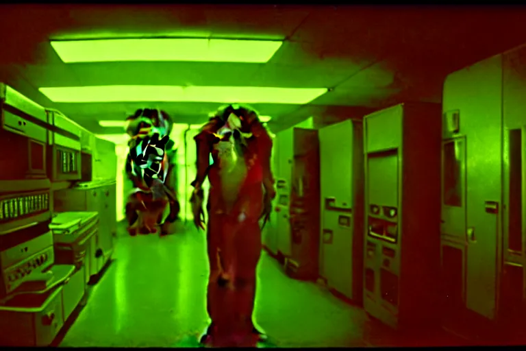 Image similar to a scary filmic wide shot color ground level angle movie still 35mm film photograph of the full body of a dangerous shape shifting alien creature, with multiple mutated snarling drooling human faces with a grotesque variety of human and animal limbs protruding from its lower torso inside of a 1970s science lab, neon lights, dirty, ektachrome photograph, volumetric lighting, f8 aperture, cinematic Eastman 5384 film