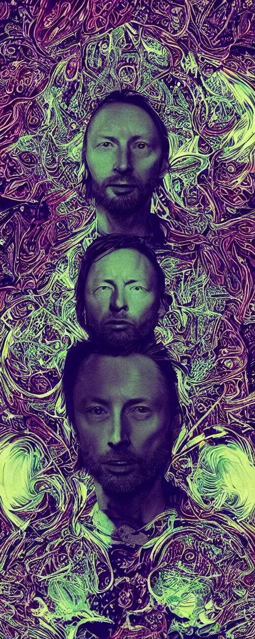 Prompt: disco diffusion portrait of Thom Yorke, on the moon:: cosmic tarot card, intricate fractal details, broken reality, fanciful floral mandelbulb, black paper, style of wes anderson