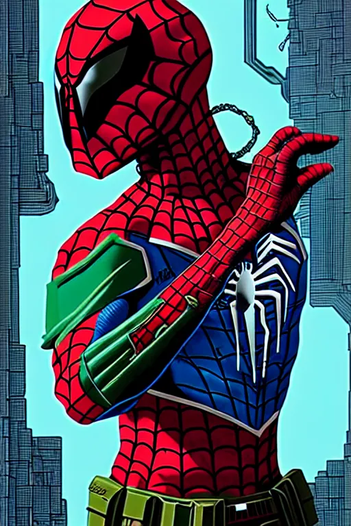 Image similar to spiderman inspired by boba fett, digital portrait art by josan gonzalez, epic lighting, intricate, d & d, fantasy, cyberpunk x renaissance