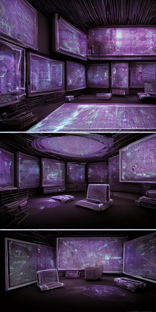 Image similar to a wide shot photorealistic futuristic 3D room with four walls covered with glowing CRT computer monitors with fuzzy screens embedded into the wall and a blackhole forming in the floor, Trending on artstation, cinematic lighting from the right, hyper realism, octane render, 8k, depth of field, 3D