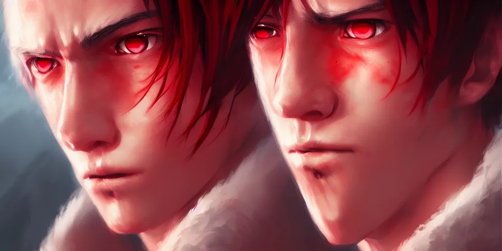 Image similar to realistic portrait of anime character, detailed eyes, manly face, crimson red aura, digital fantasy, art by greg rutkowski, aesthetic in 8k