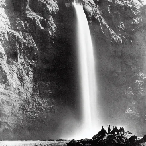 Prompt: a giant water fall in between two mountains with gigantic alien faces sculpted in each Montaigne, photoshoot, 1940's photography, old grain
