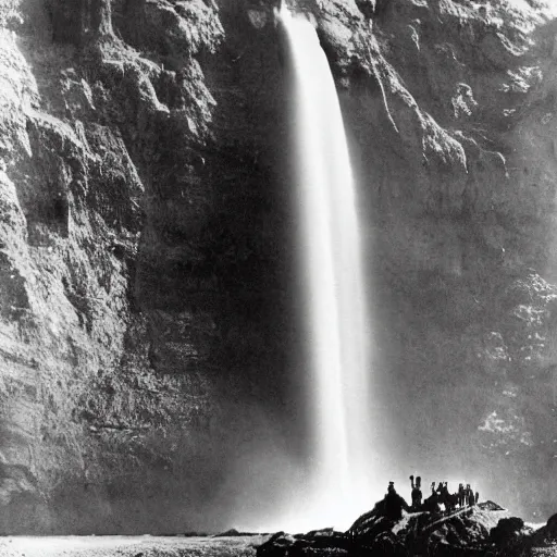 Image similar to a giant water fall in between two mountains with gigantic alien faces sculpted in each Montaigne, photoshoot, 1940's photography, old grain