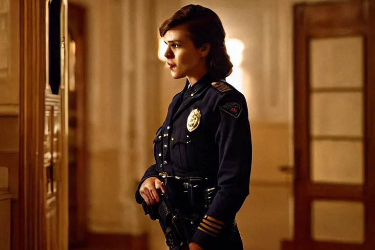 Image similar to cinematography closeup portrait of a beautiful woman cop talking to her shoulder radio in an decadent mansion foyer by Emmanuel Lubezki