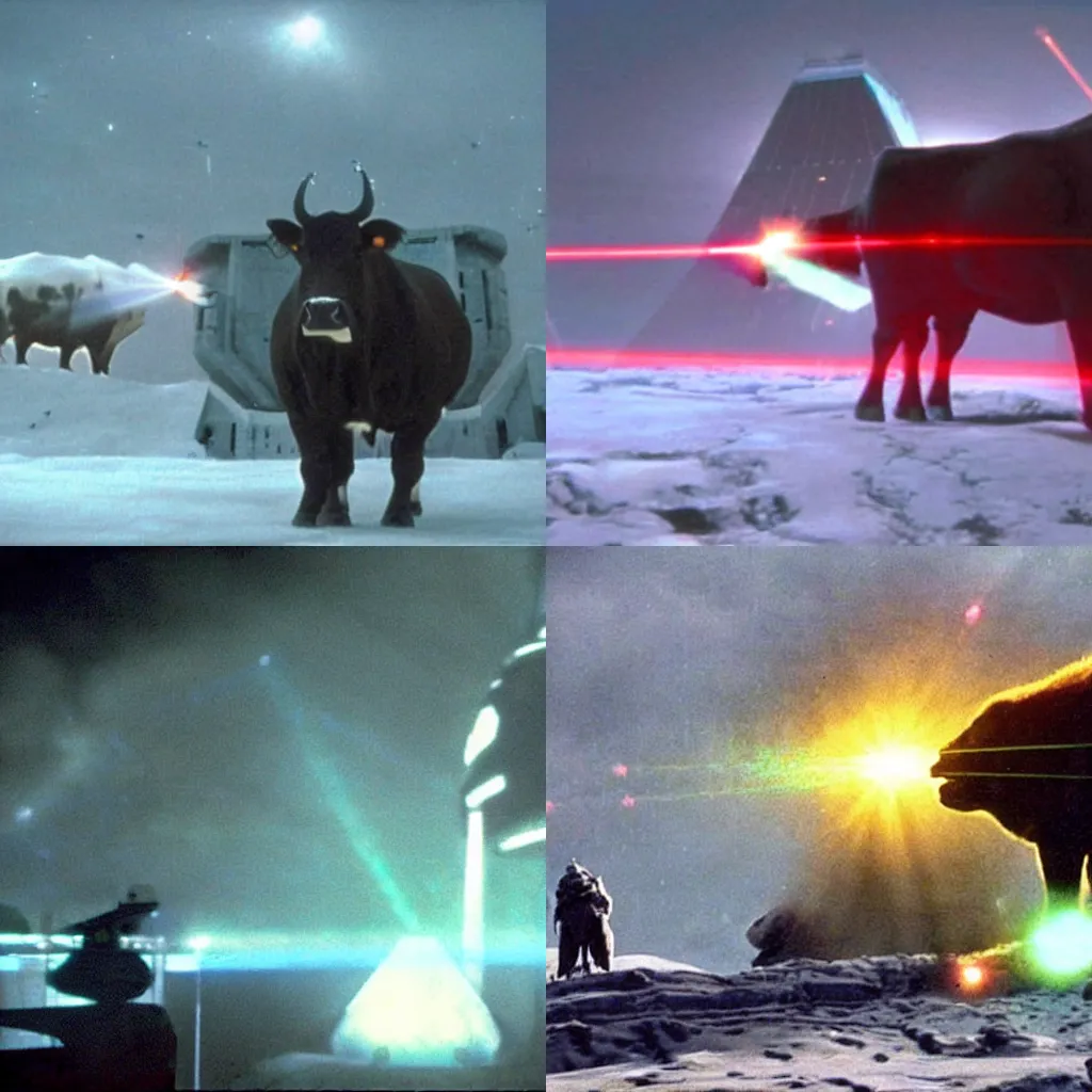 Prompt: a giant cow shooting lasers at the shield generator in the movie The Empire Strikes Back