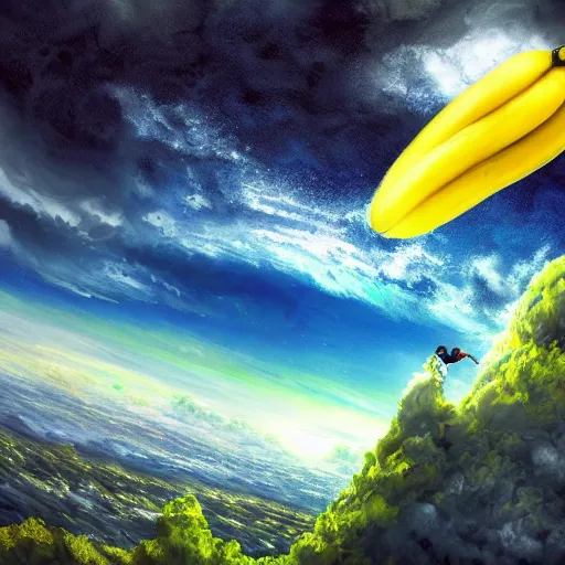 Prompt: a stunning wide angle view a banana jumping from a cliff into space, highly detailed clouds, artistic composition, sharp focus, intricate concept art, digital painting, colorful flat surreal design, hd, 8 k, artstation, ambient lighting