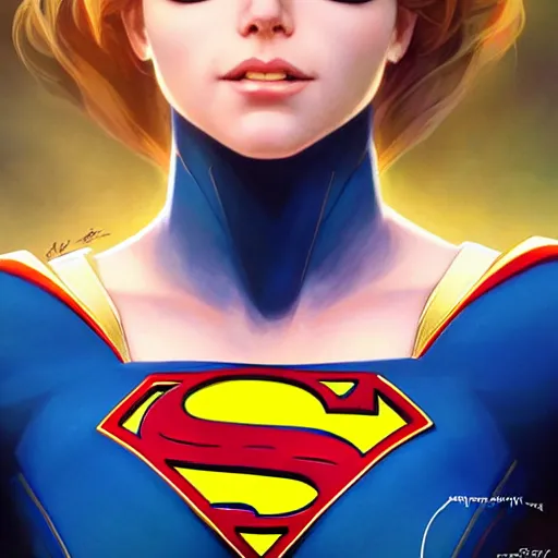 Image similar to Portrait of Supergirl, DC Super Hero Girls, blue eyes, intricate, elegant, highly detailed, digital painting, artstation, concept art, smooth, sharp focus, illustration, art by artgerm and greg rutkowski and alphonse mucha