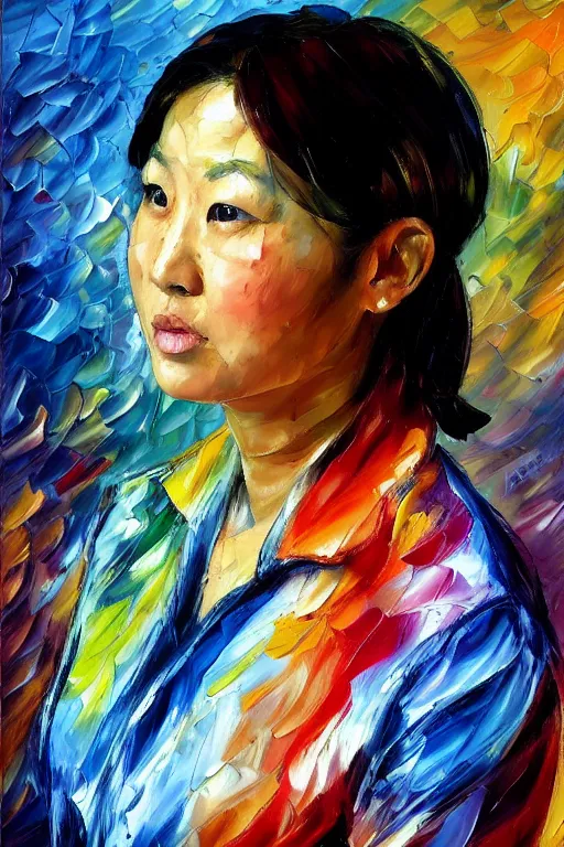 Prompt: palette knife oil painting portrait of a female asian police psychiatrist, extreme detail, style by leonid afremov and degas, artstation trending, artgerm, deviant art, octane, substance, art history 8 k