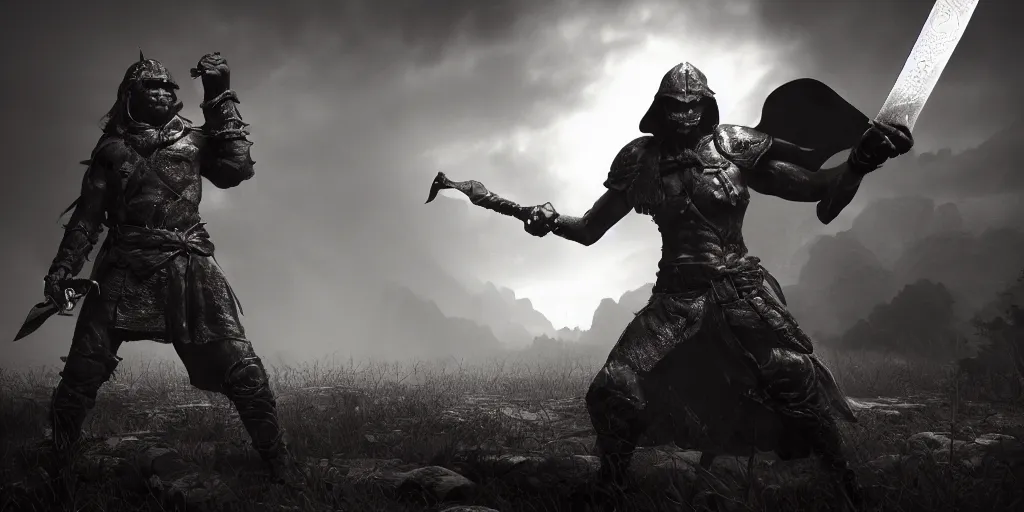 Prompt: the forgotten warrior and his sword, high quality render, artstation, Unreal engine 5, octane render, 4k, dark gray background