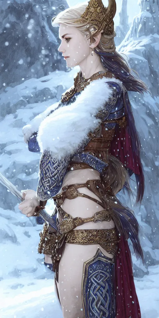 Image similar to azure viking warrior, regal, elegant, winter, snow, beautiful, stunning, hd, illustration, epic, d & d, fantasy, intricate, elegant, highly detailed, wide angle, digital painting, artstation, concept art, smooth, sharp focus, illustration, wallpaper, art by artgerm and greg rutkowski and alphonse mucha and jin xiaodi