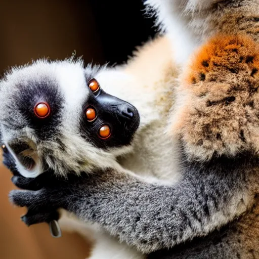 Prompt: a baby lemur clings to the belly of her mother, madagascar, raining, stormy photos in the style of national geographic, photorealistic - h 6 4 0