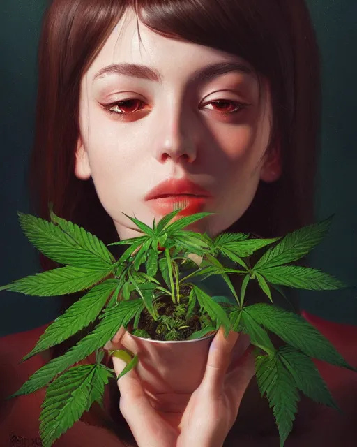 Image similar to an ultradetailed beautiful portrait panting of an anthropomorphic marihuana plant, front view, oil painting, by ilya kuvshinov, greg rutkowski and makoto shinkai