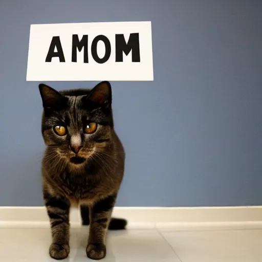 Image similar to realistic perfect cat standing holding up sign saying atom