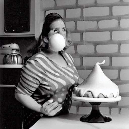 Image similar to 1976 a curvy woman vintage kitchen baking a cake wearing an inflatable long prosthetic snout nose made of gooey green slime, has growths of inflatable plastic on her skin, soft color wearing stripes, pink slime everywhere, light beige polka-dot walls, studio lighting 1976 color film archival footage holding a hand puppet that looks like Caspar the Friendly Ghost, 16mm Russ Meyer John Waters Almodovar Doris Wishman