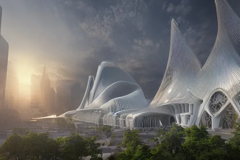 Prompt: extremely detailed cathedral designed by Zaha Hadid surrounded by a forest, stunning volumetric light, sunset, metal, concrete and translucent material, stunning skies, trending on Artstation, 8k, photorealistic, hyper detailed, unreal engine 5, IMAX quality, cinematic, epic lighting, in the style of Greg Rutkowski