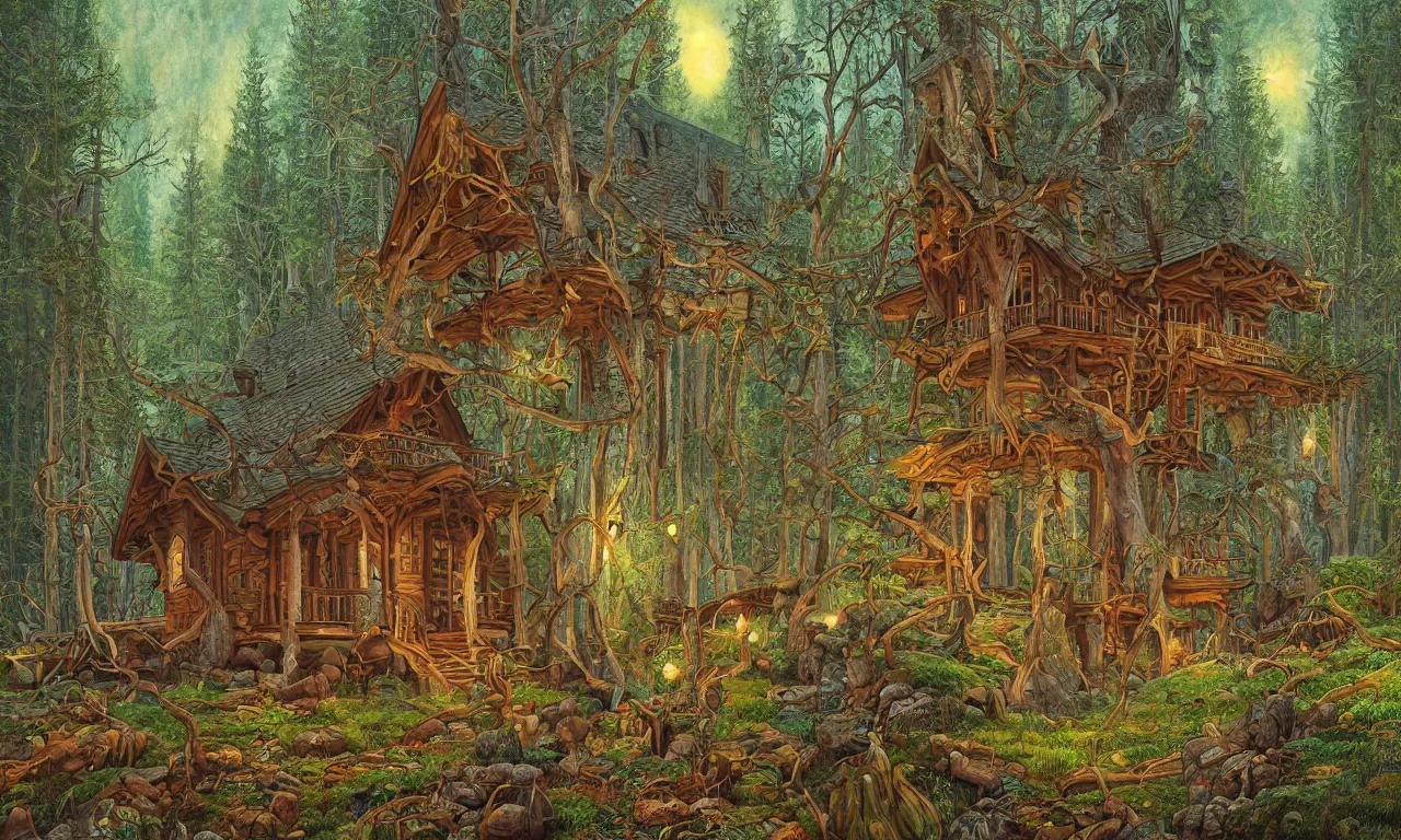 Prompt: a cabin in a mystical forest filled with grand magic, illustration painting, oil on canvas, intricate, hd, digital art, overdetailed art, complementing colors, detailed, illustration painting by alex gray, digital art, moebius