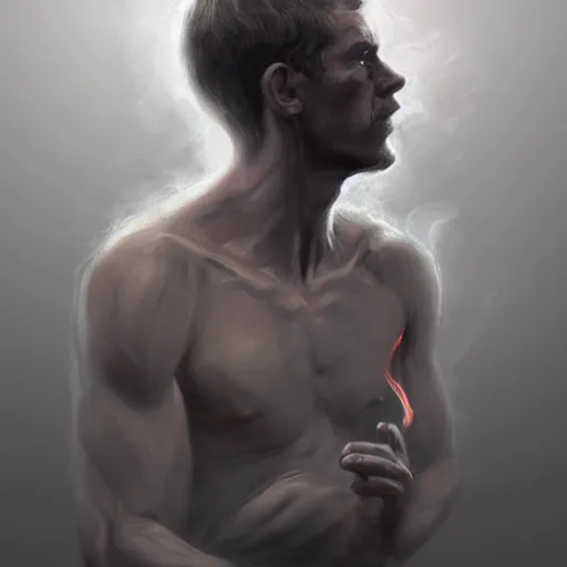 Image similar to Man being consumed by smoke, beautiful illustration, detailed, by Wylie Beckert, artgerm, top on artstation, realistic, 4k