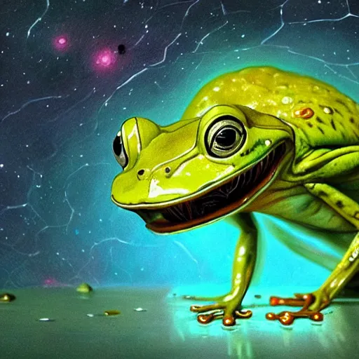 Image similar to long shot of an frog alien, by esao andrews, by m. w. kaluta, by james web telescope, ultra humorous beautiful oil painting, cinematic space scenery, small depth of field, depth perception, volumetric light, rich colors, 3 d octane render, 8 k, conceptart, hyperdetailed, hyperrealistic, trending on artstation