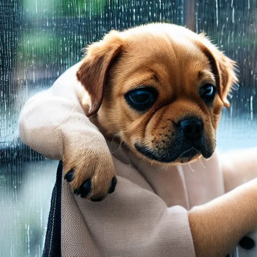 Prompt: a cute puppy dog looking outside a window on a rainy day in Seattle