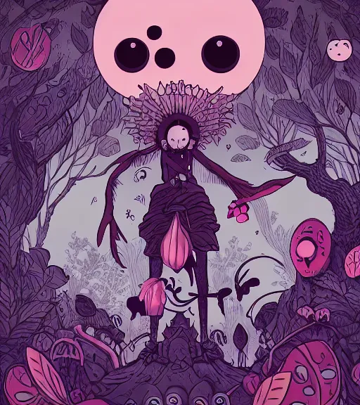 Image similar to portrait, nightmare anomalies, leaves with hollow knight by miyazaki, violet and pink and white palette, illustration, kenneth blom, mental alchemy, james jean, pablo amaringo, naudline pierre, contemporary art, hyper detailed