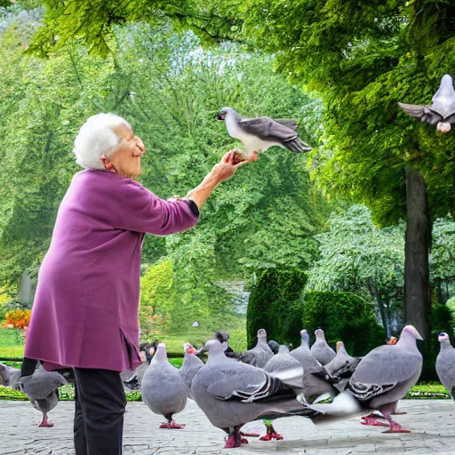 Prompt: An elderly woman feeding pigeons in Tivoli park in Ljubljana, professional photography