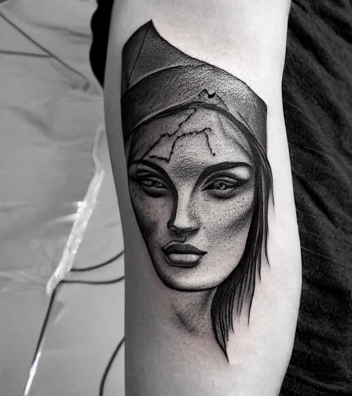 Image similar to amazing fade effect of beautiful mountain scenery with a beautiful woman face, tattoo design sketch, hyper - realistic, in the style of matteo pasqualin, amazing detail, black and white